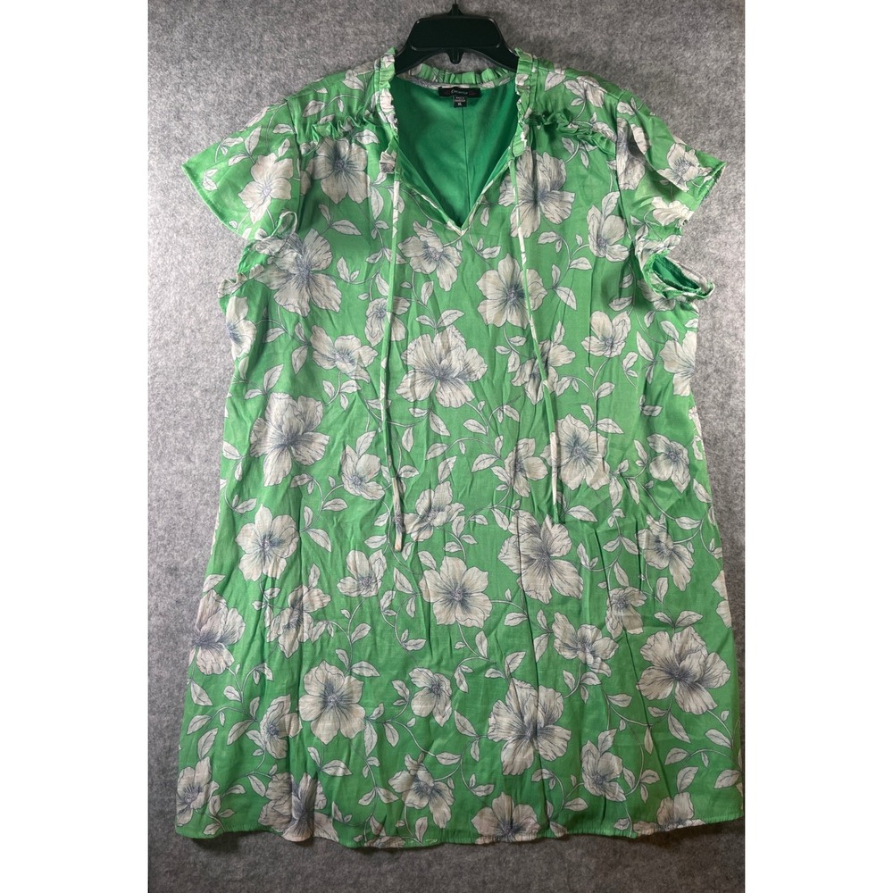 Cocomo Green Floral Mini Dress XL Cap Sleeve Ruffle Neck Tie Front‎ Lined Boho